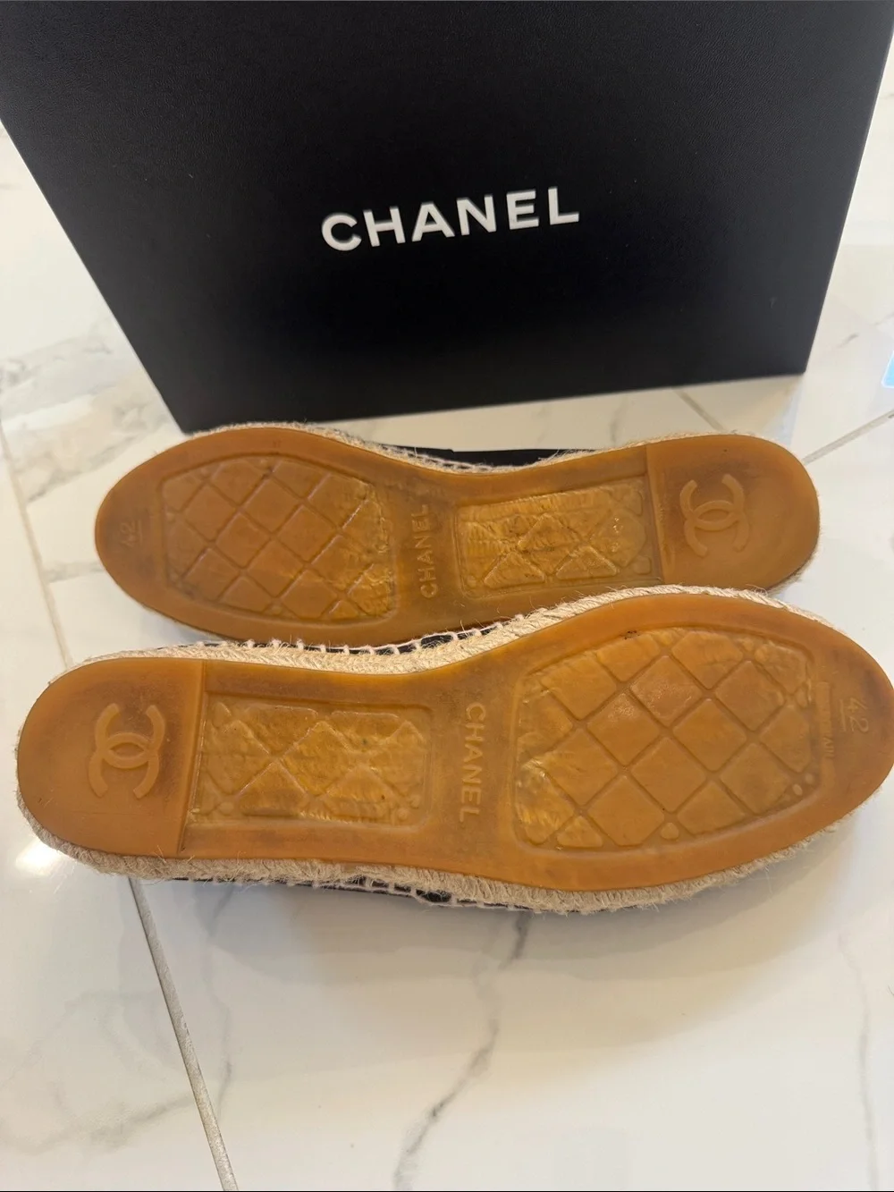 CHANEL Black Espadrille Slip-On Loafers with Interlocking CC
